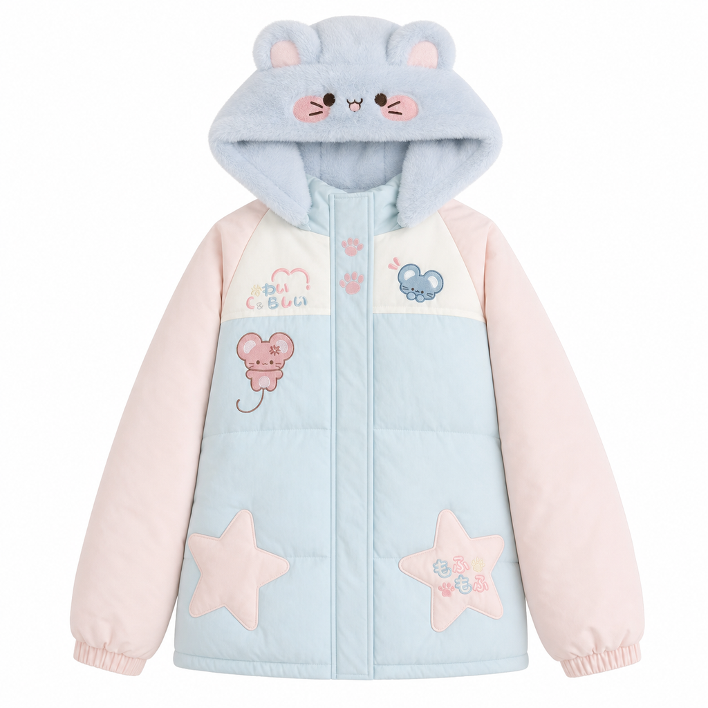 Women's Kawaii Star-Embroidered Hooded Padded Jacket