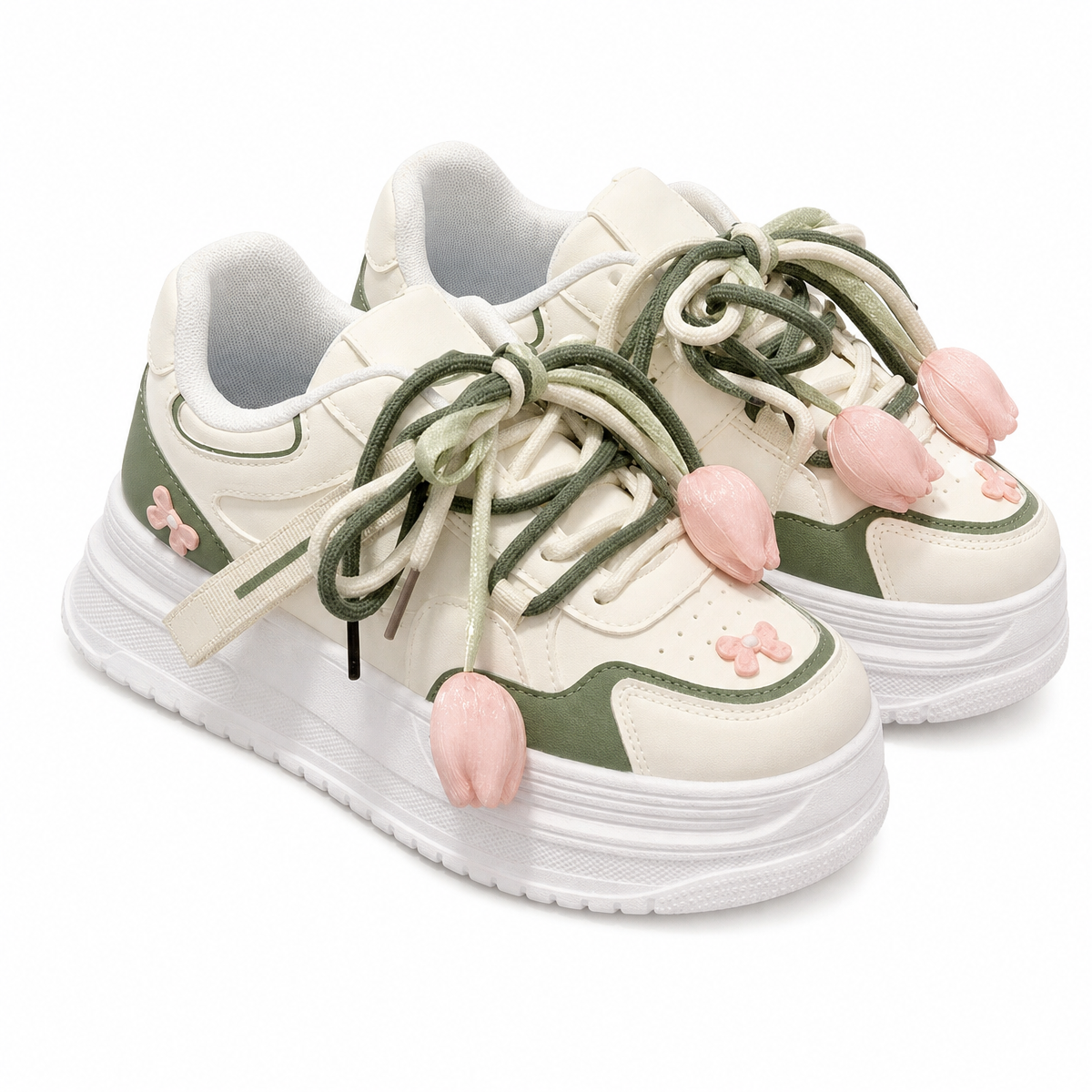 Cute Flower Charm Platform Sneakers - White with Green, Pink or Blue