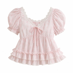 Pink Floral Puff-Sleeve Ruffle Top