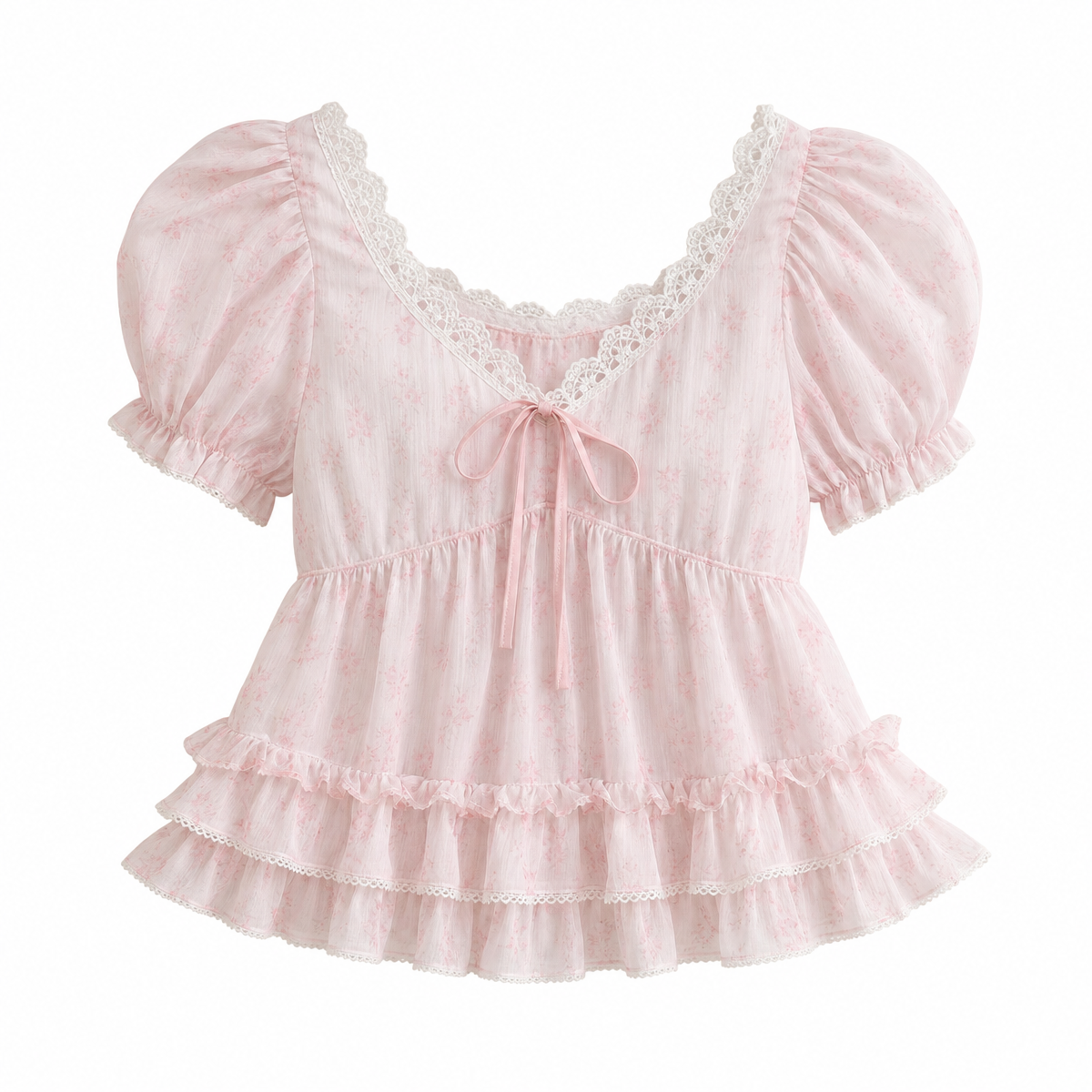 Pink Floral Puff-Sleeve Ruffle Top