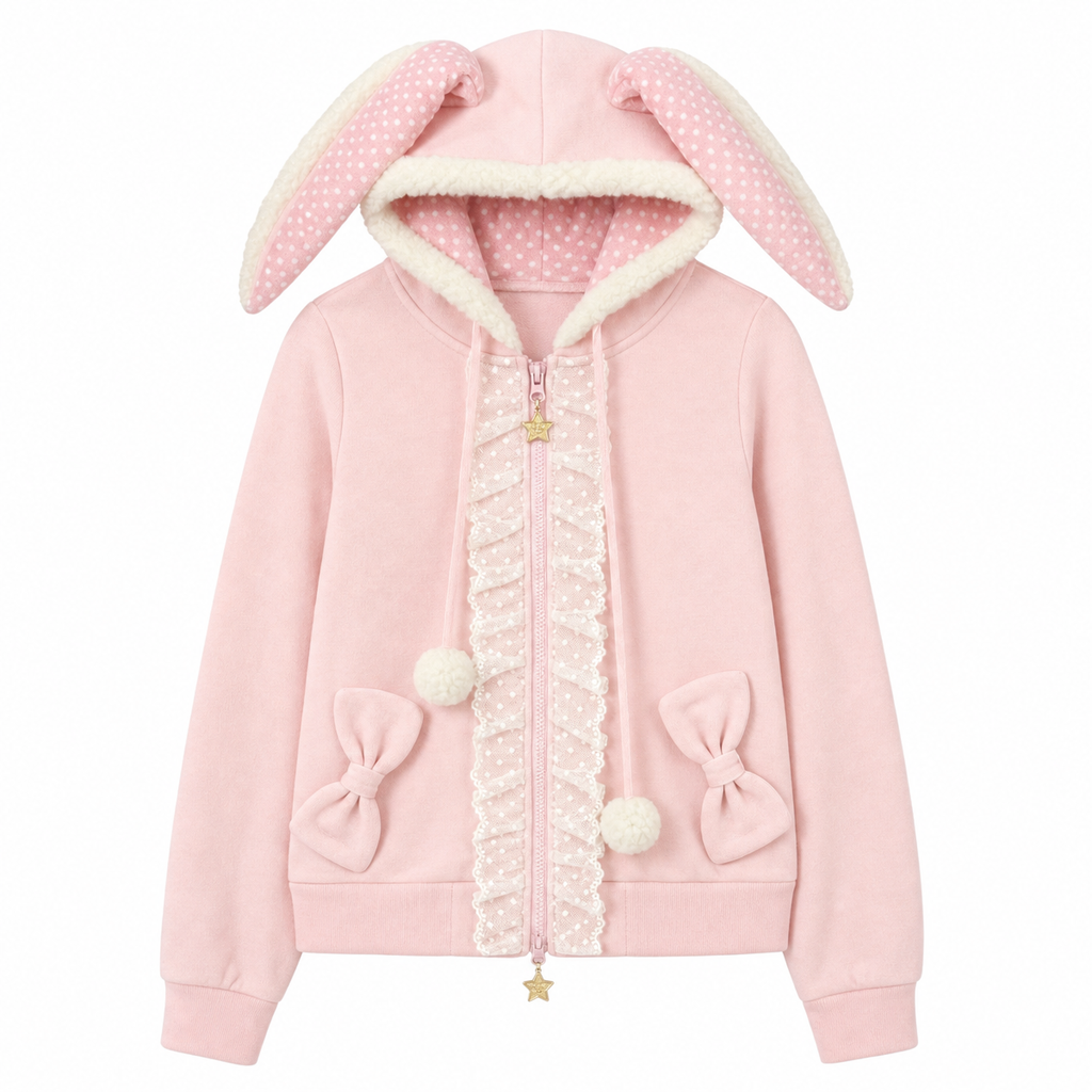 Pink Bunny-Ear Hooded Zip-Up Jacket with Lace Trim and Bow Pockets