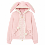 Pink Bunny-Ear Hooded Zip-Up Jacket with Lace Trim and Bow Pockets