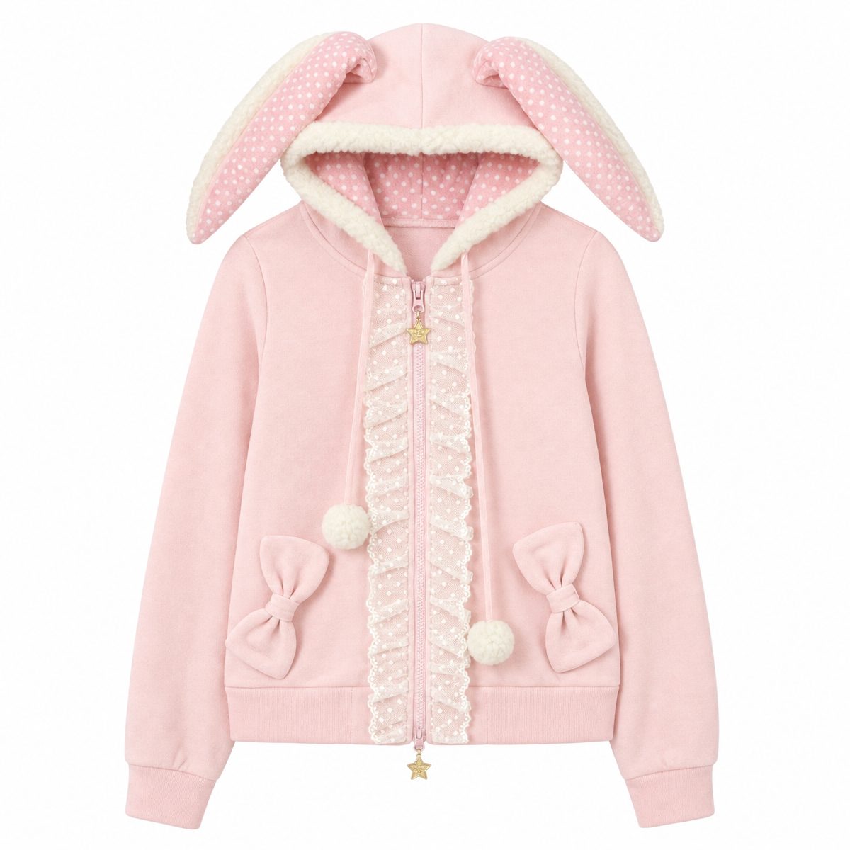 Pink Bunny-Ear Hooded Zip-Up Jacket with Lace Trim and Bow Pockets