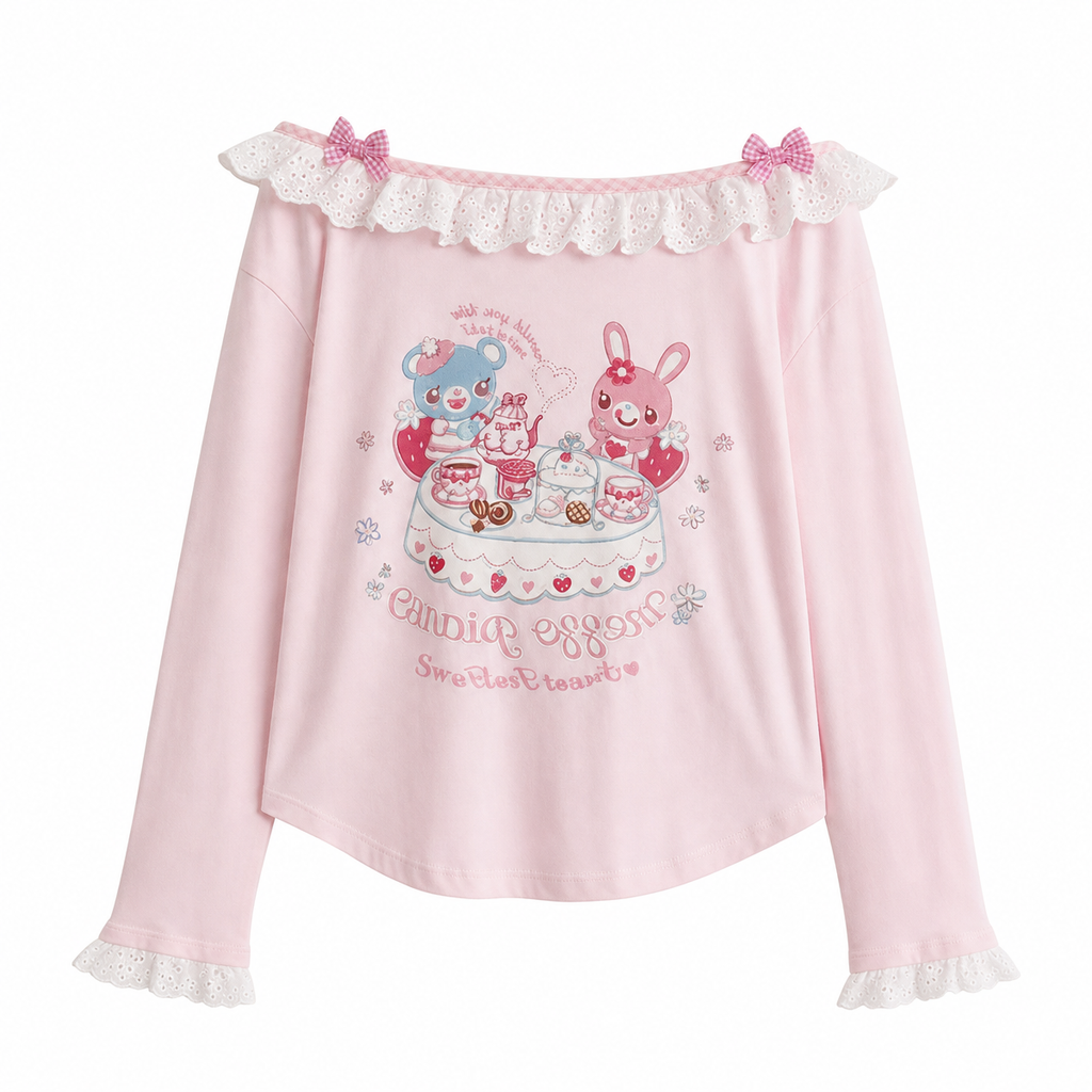 Pink Cartoon Print Lace-Trim Long-Sleeve Top
