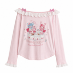 Pink Cartoon Print Lace-Trim Long-Sleeve Top