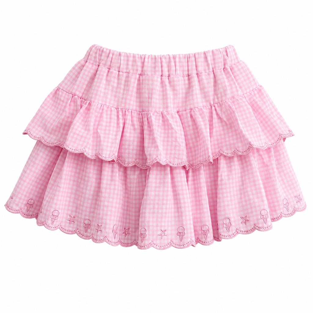 Pink Plaid Embroidered Ruffle Mini Skirt