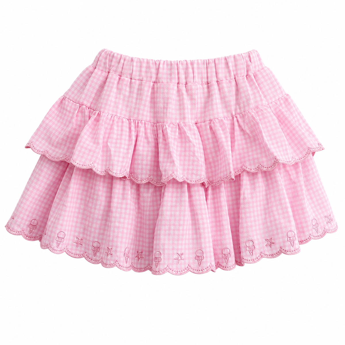 Pink Plaid Embroidered Ruffle Mini Skirt