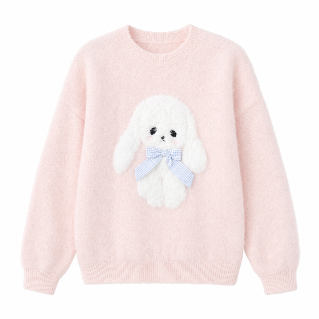 Pink Cartoon Bow Sweater with Plush Appliqué