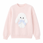Pink Cartoon Bow Sweater with Plush Appliqué