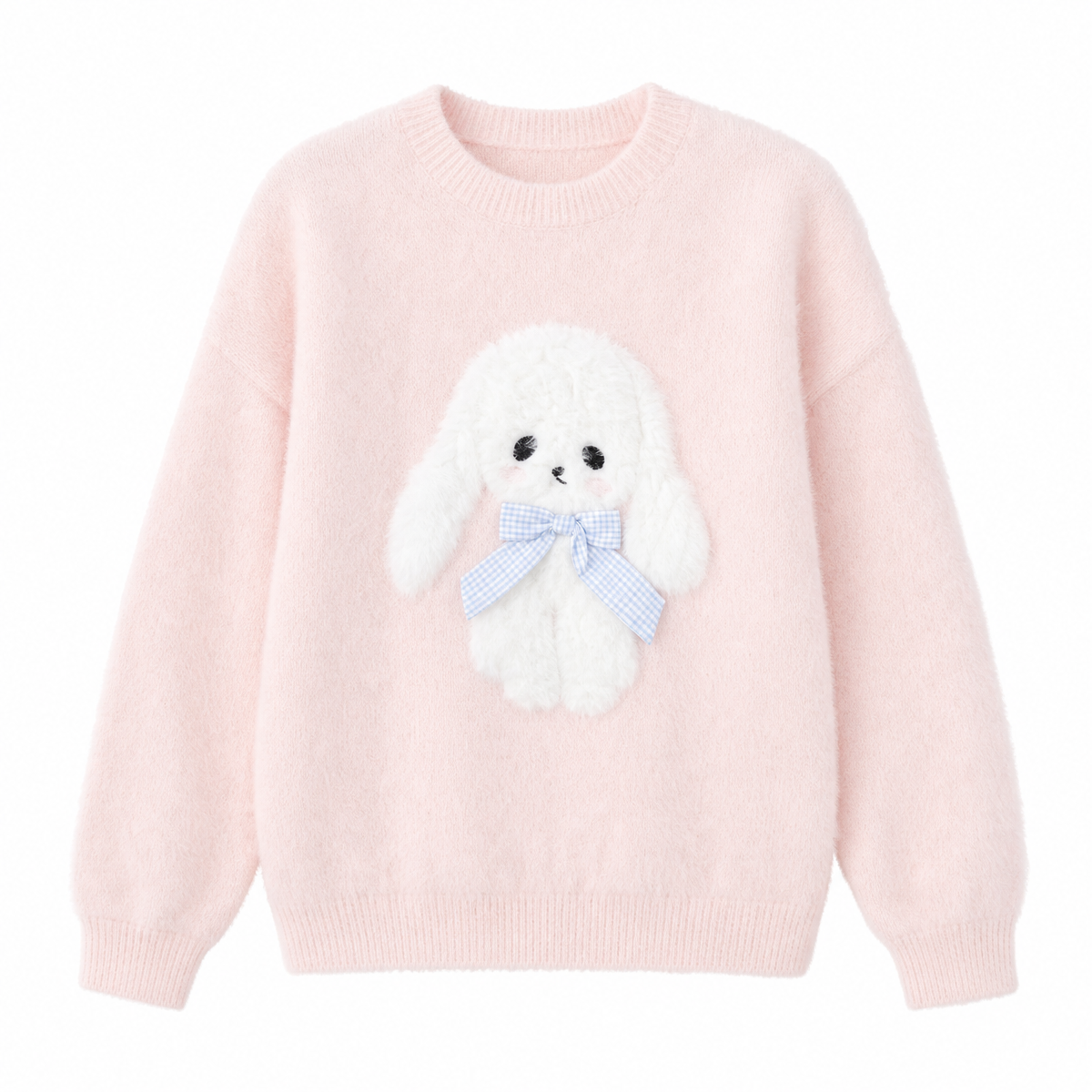 Pink Cartoon Bow Sweater with Plush Appliqué