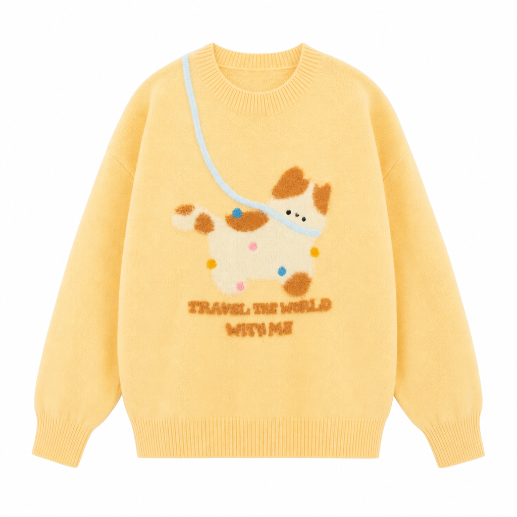 Yellow Cartoon Cat Knit Sweater