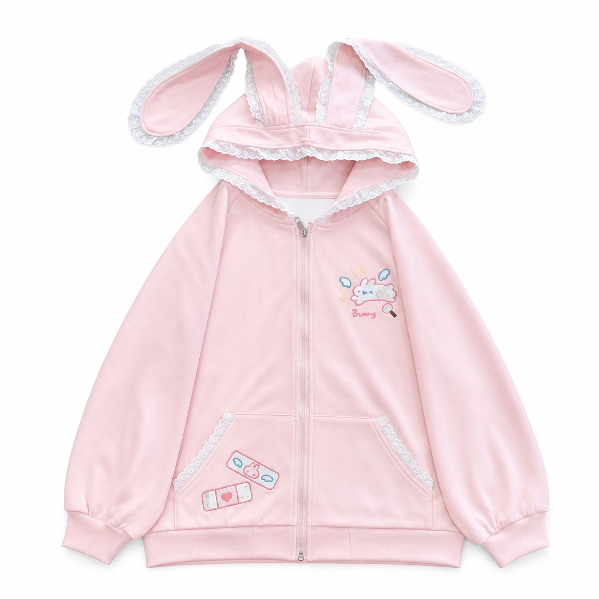 Pink Bunny-Ear Hooded Zip-Up Hoodie