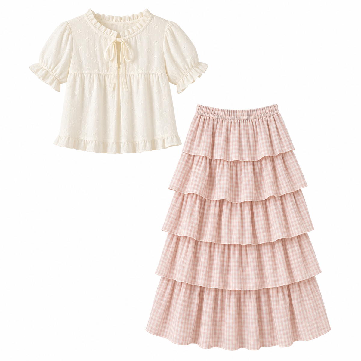 Women's Pink Plaid Ruffle Skirt and Short-Sleeve Top Set