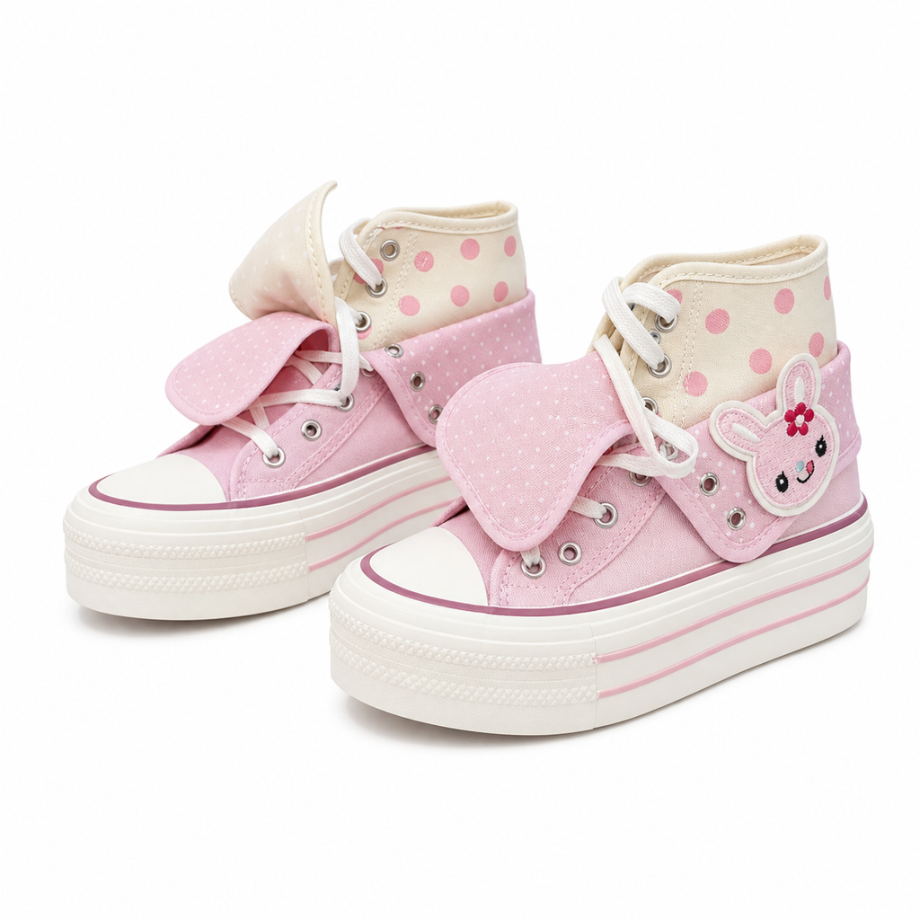 Women's Pink Rabbit Polka Dot High-Top Platform Canvas Sneakers