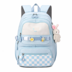 Kawaii Plaid Nylon School Backpack with Bunny Charm