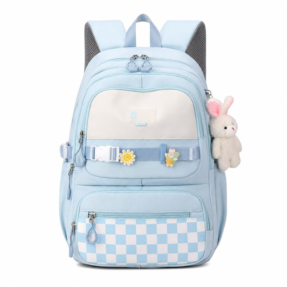 Kawaii Plaid Nylon School Backpack with Bunny Charm