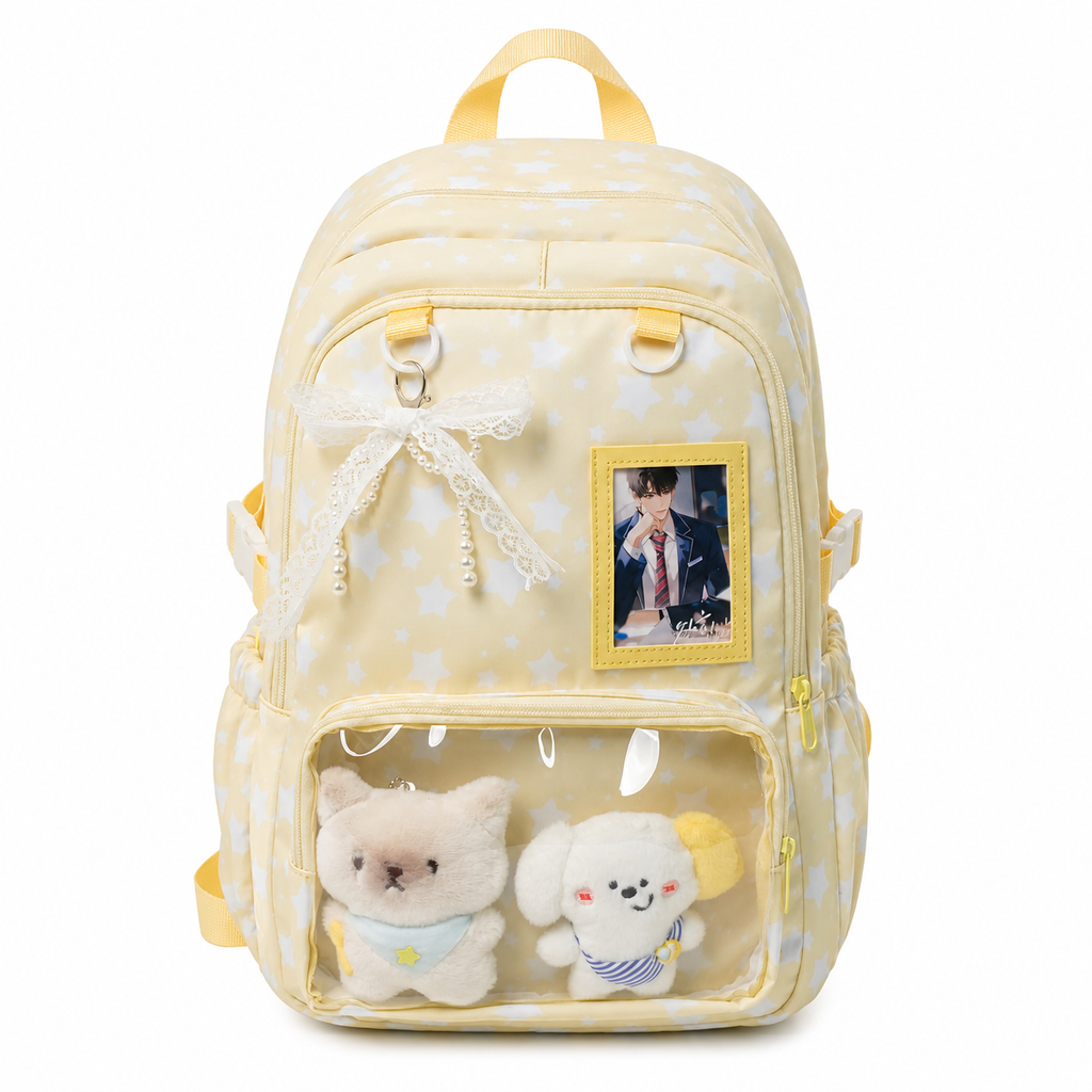Star Print Kawaii Backpack with Clear Front Pocket, Lace Bow & Plush Display